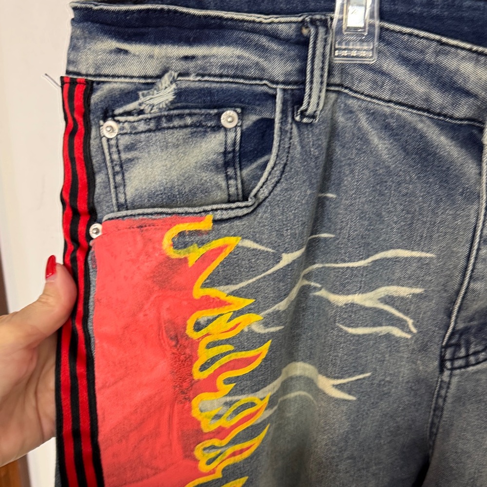 Amiri IDD Stylish Men's Jeans with Red and Yellow Flame Design Size 40 - Picture 6 of 11